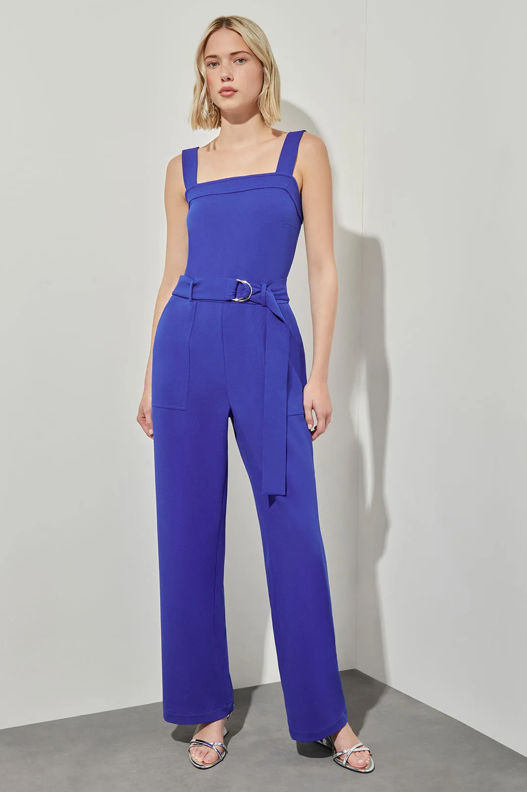 Belted Jumpsuit - Sleeveless Stretch Deco Crepe, Sapphire Sea