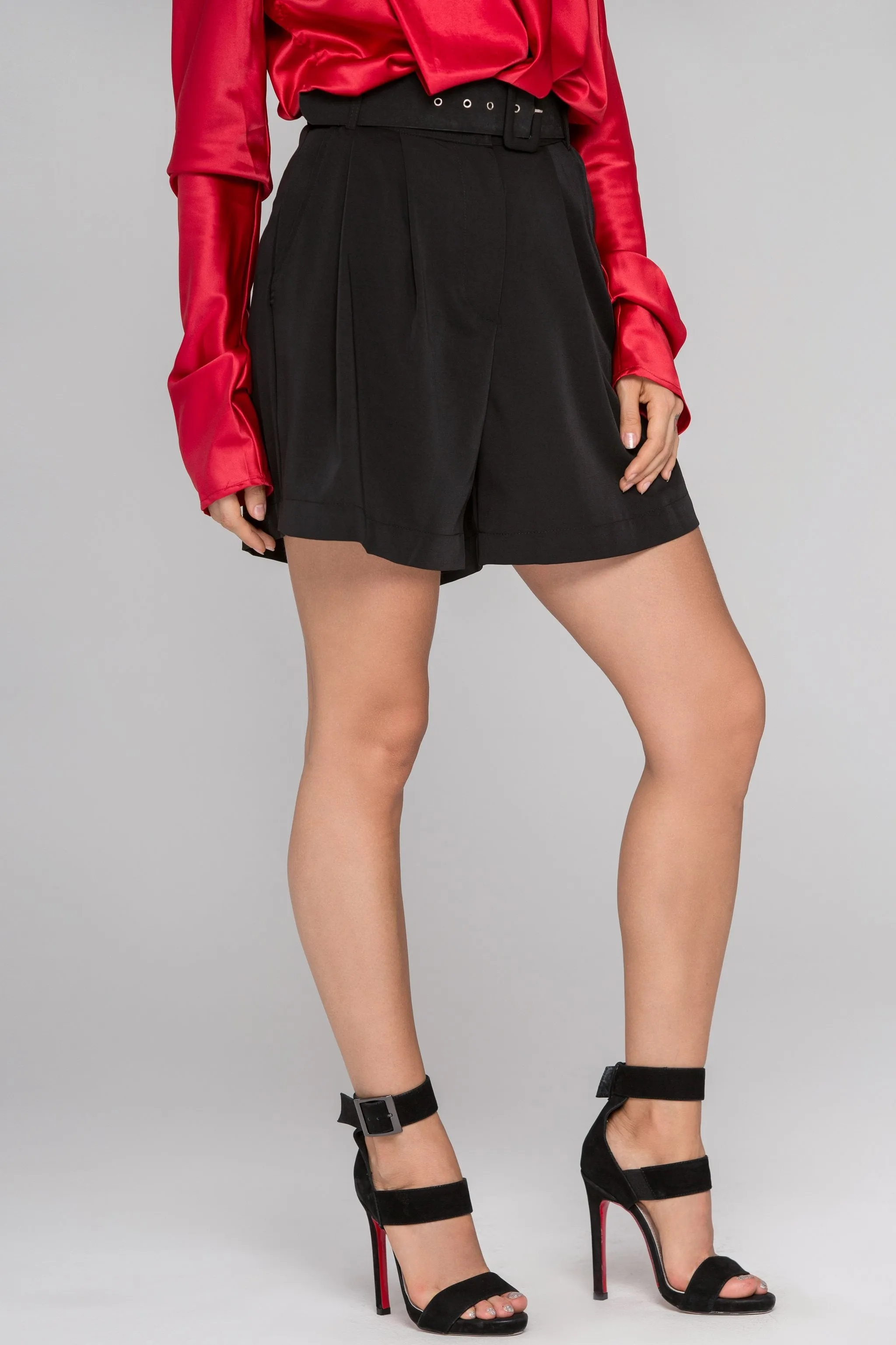 Black Belted Flare Shorts