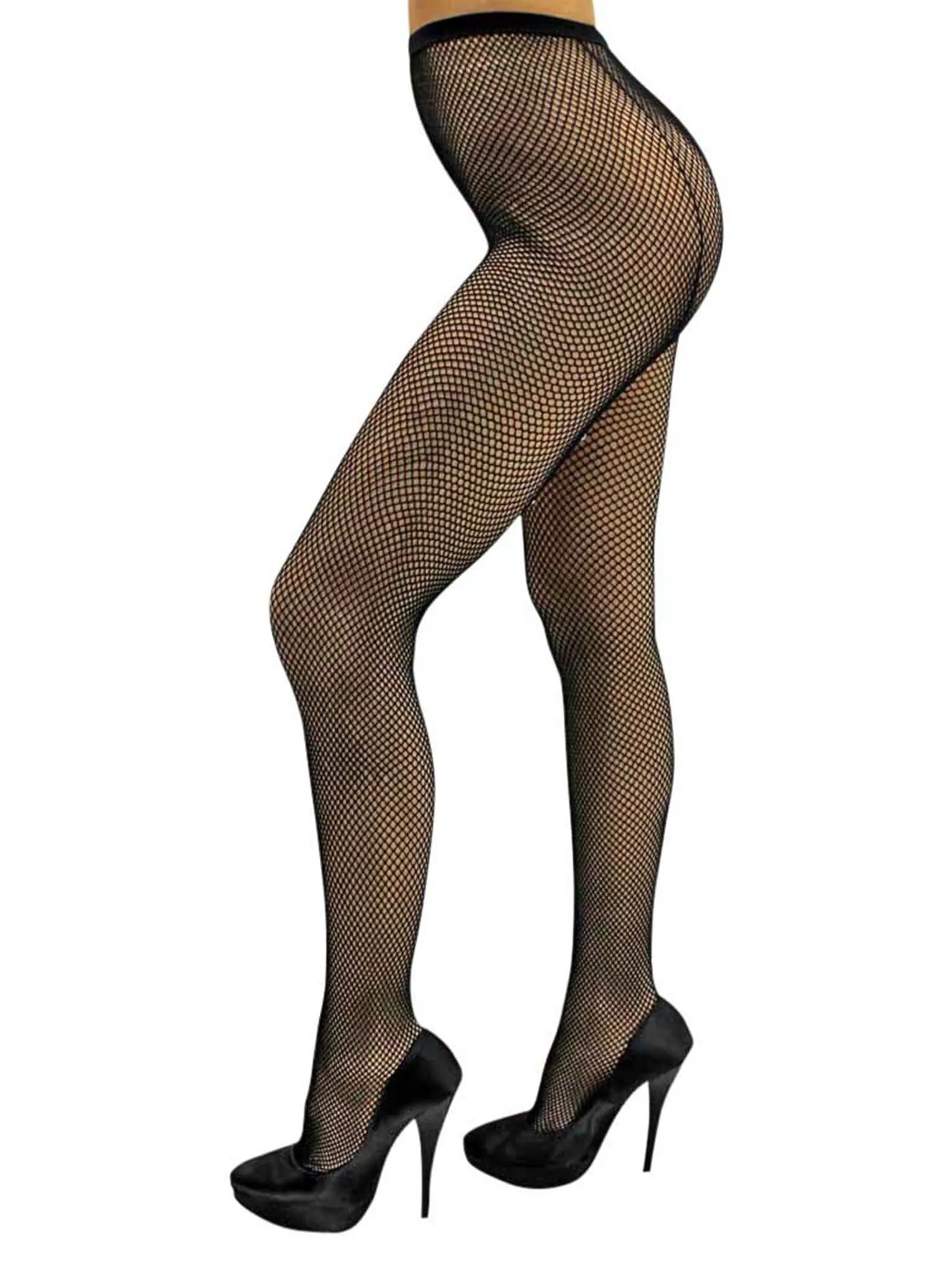 Black Fishnet Back Seam Hosiery Tights With Rhinestones