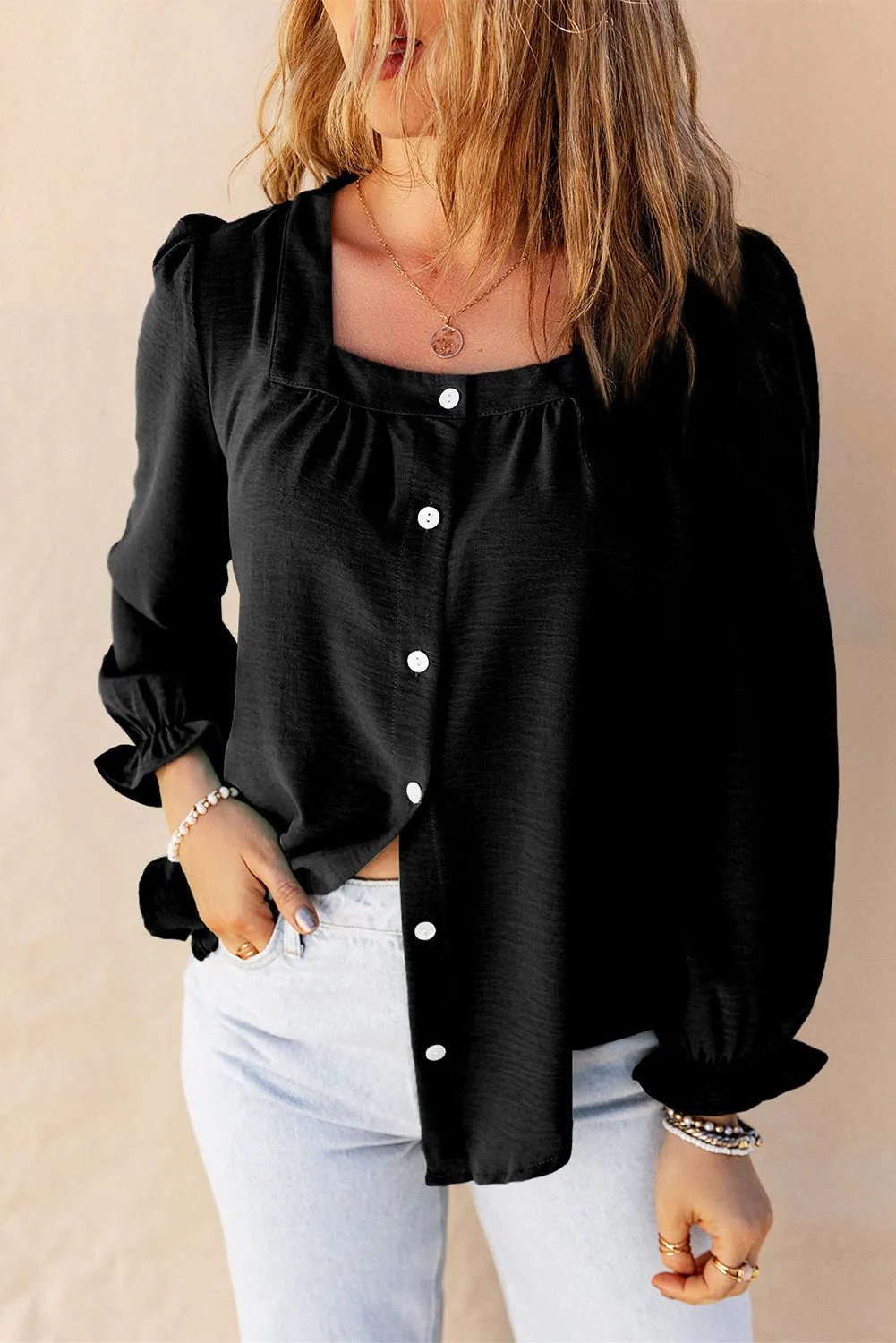 Black Flounce Sleeve Square Neck Button-Up Shirt