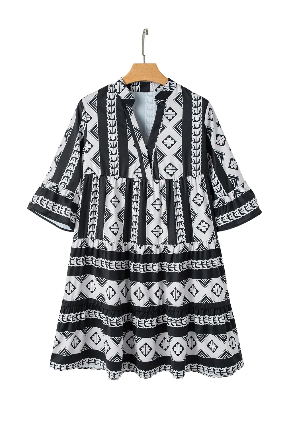 Black Geometric Print V Neck Ruffled Dress