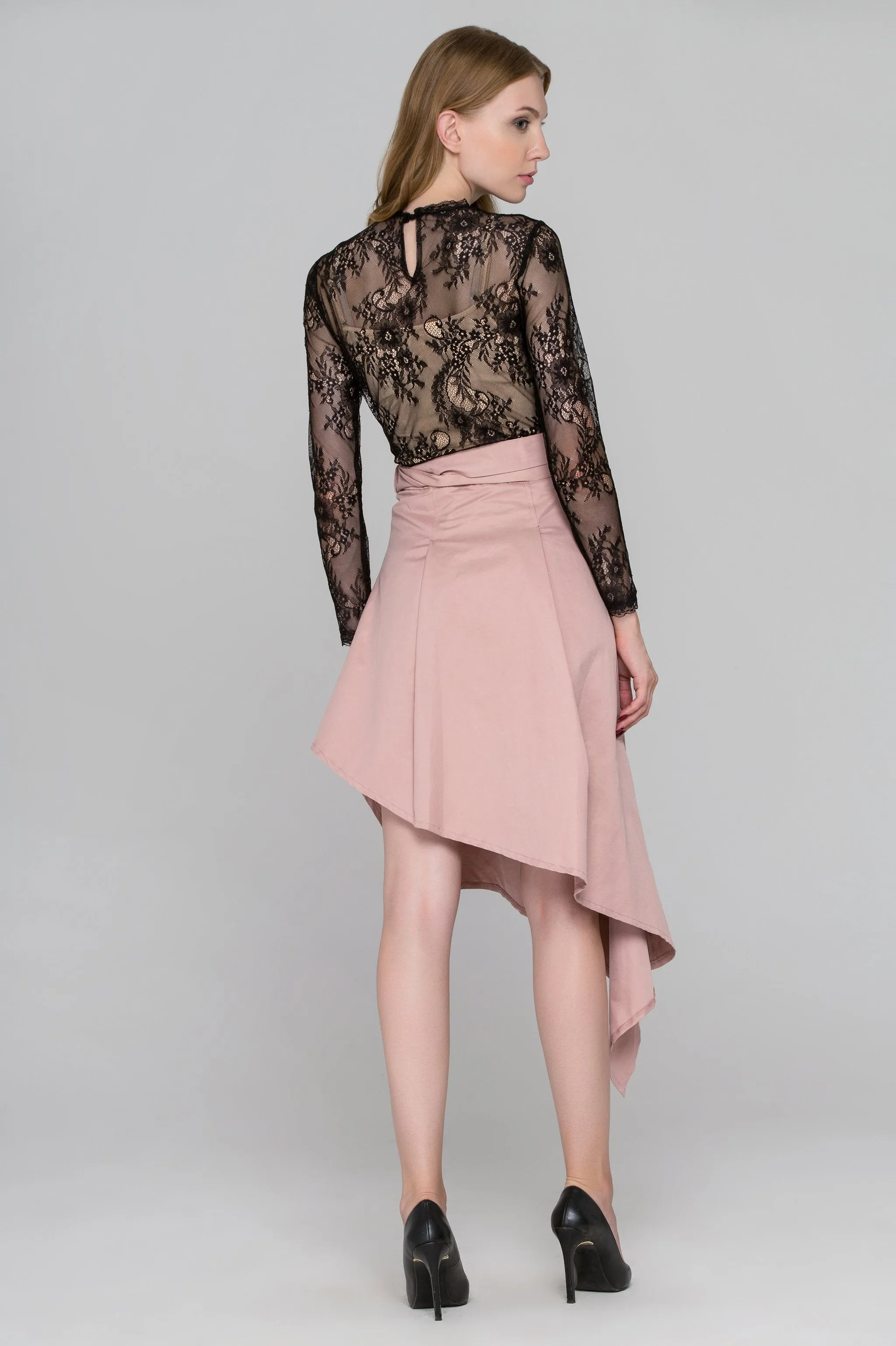 Black Lace Blush Asymmetric Skirt Dress Set