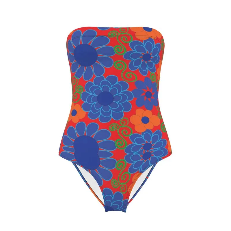 Blue Bold floral on Red Swimsuit Strapless