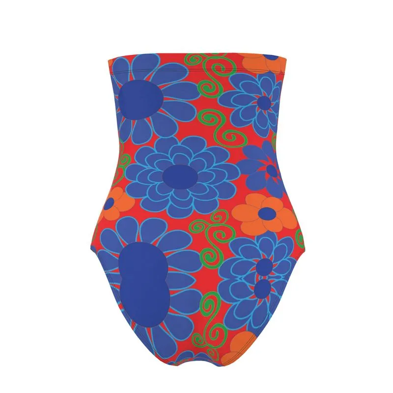 Blue Bold floral on Red Swimsuit Strapless