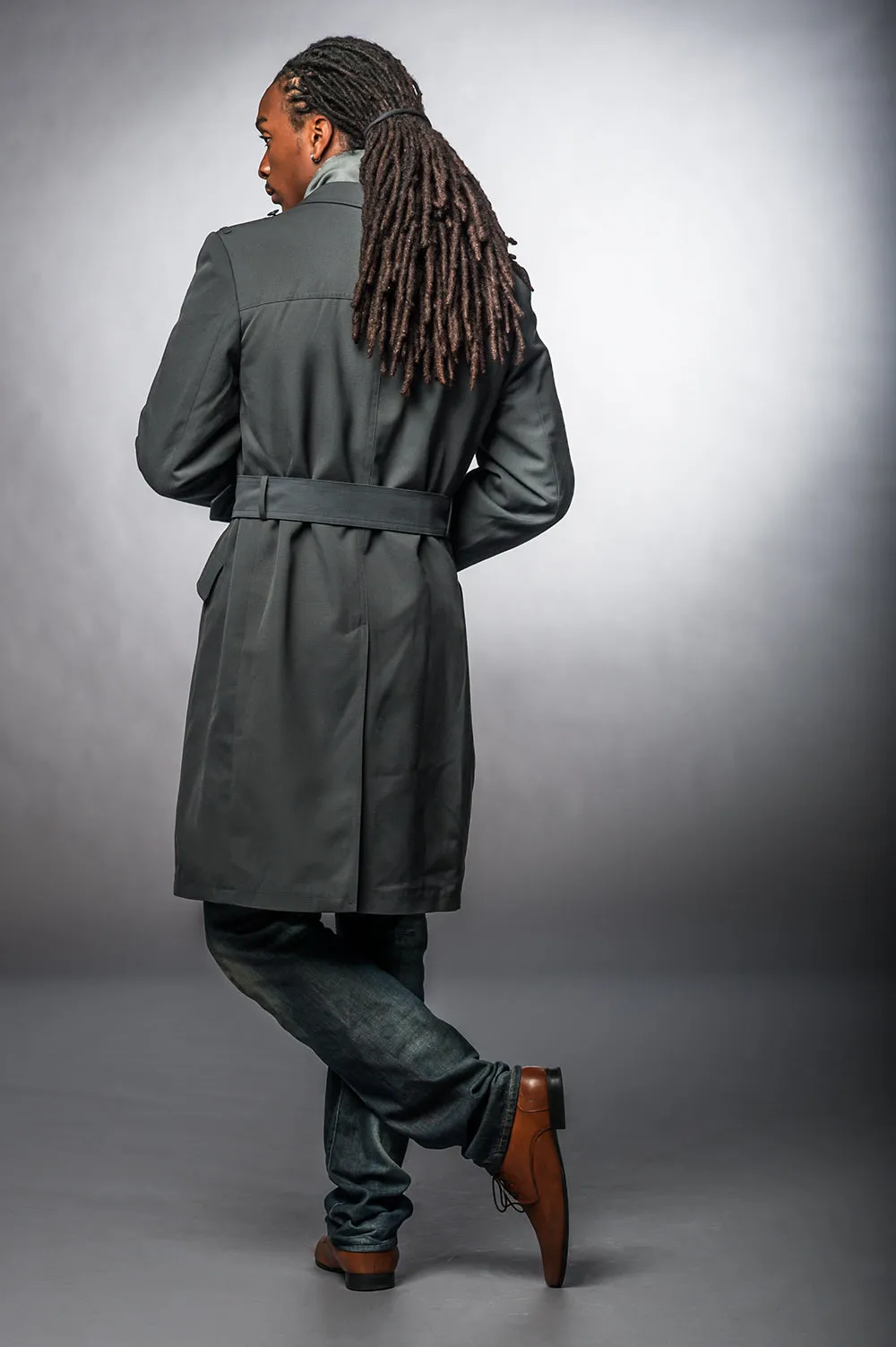 Blue Gray Gabardine Belted Trench Coat