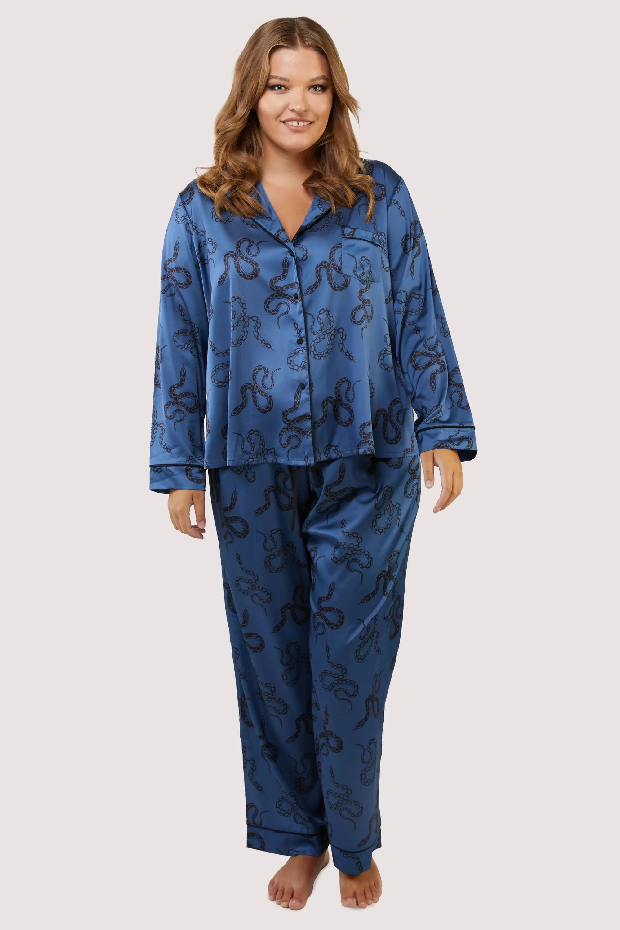 Blue Satin Snake Print Long Sleeve Pyjama Set