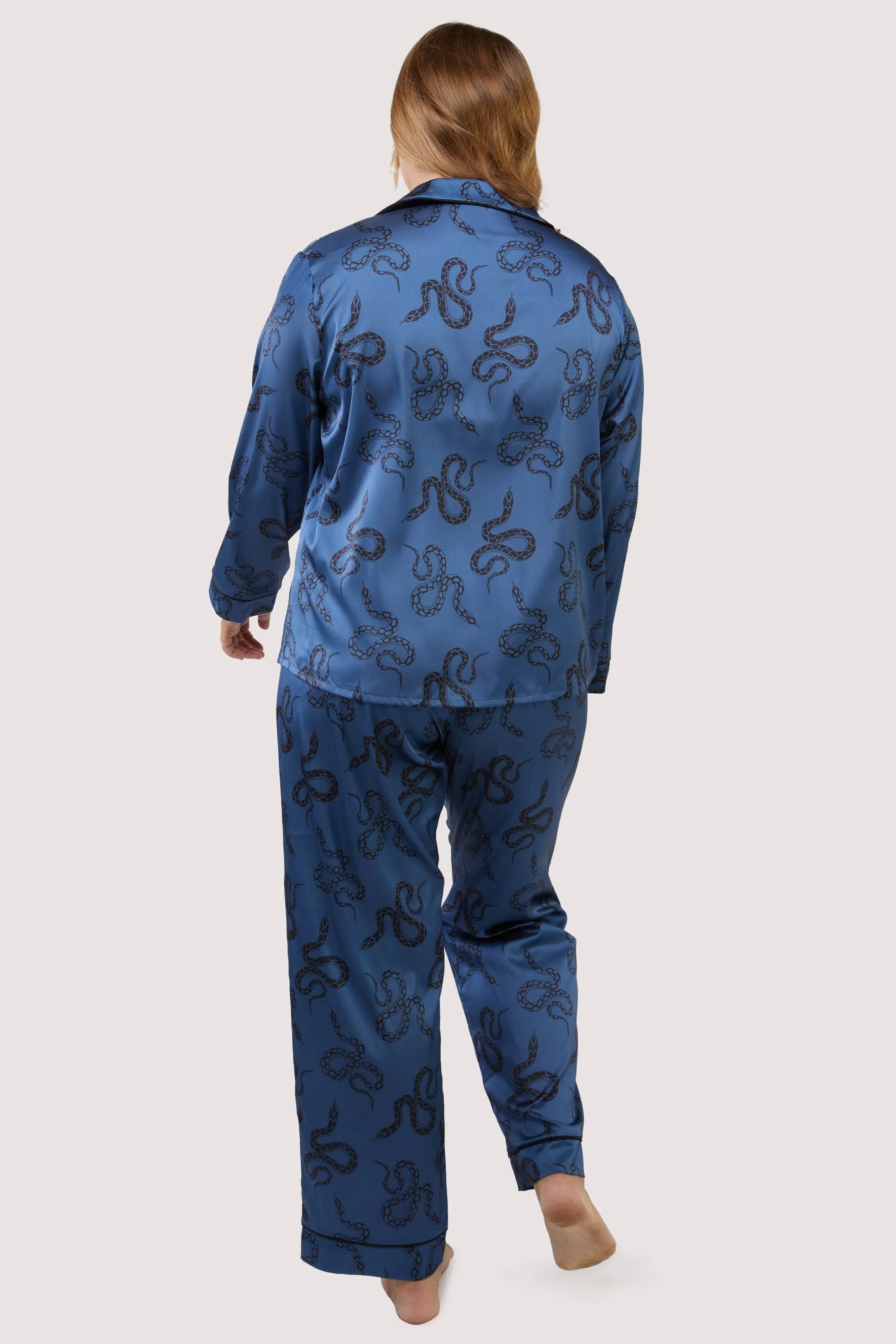 Blue Satin Snake Print Long Sleeve Pyjama Set