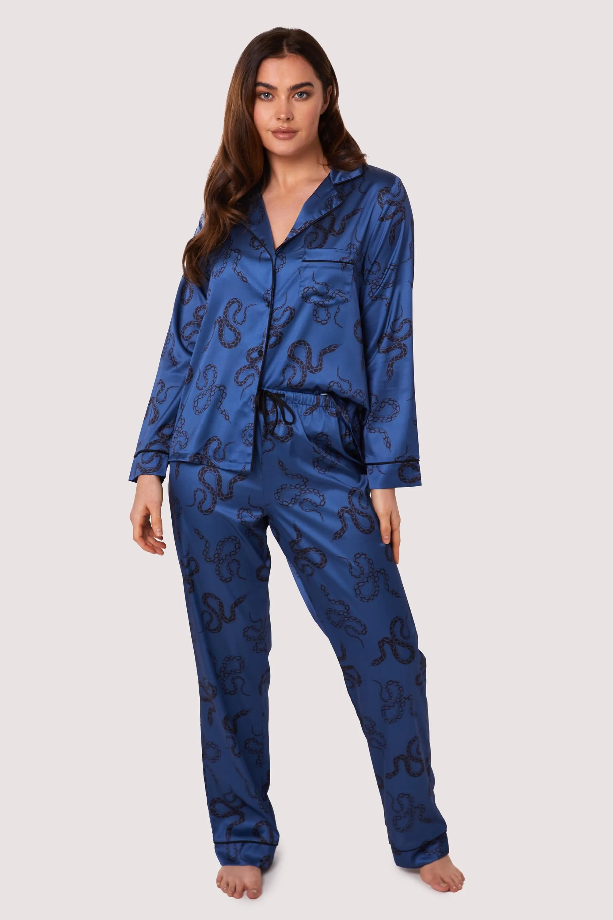 Blue Satin Snake Print Long Sleeve Pyjama Set