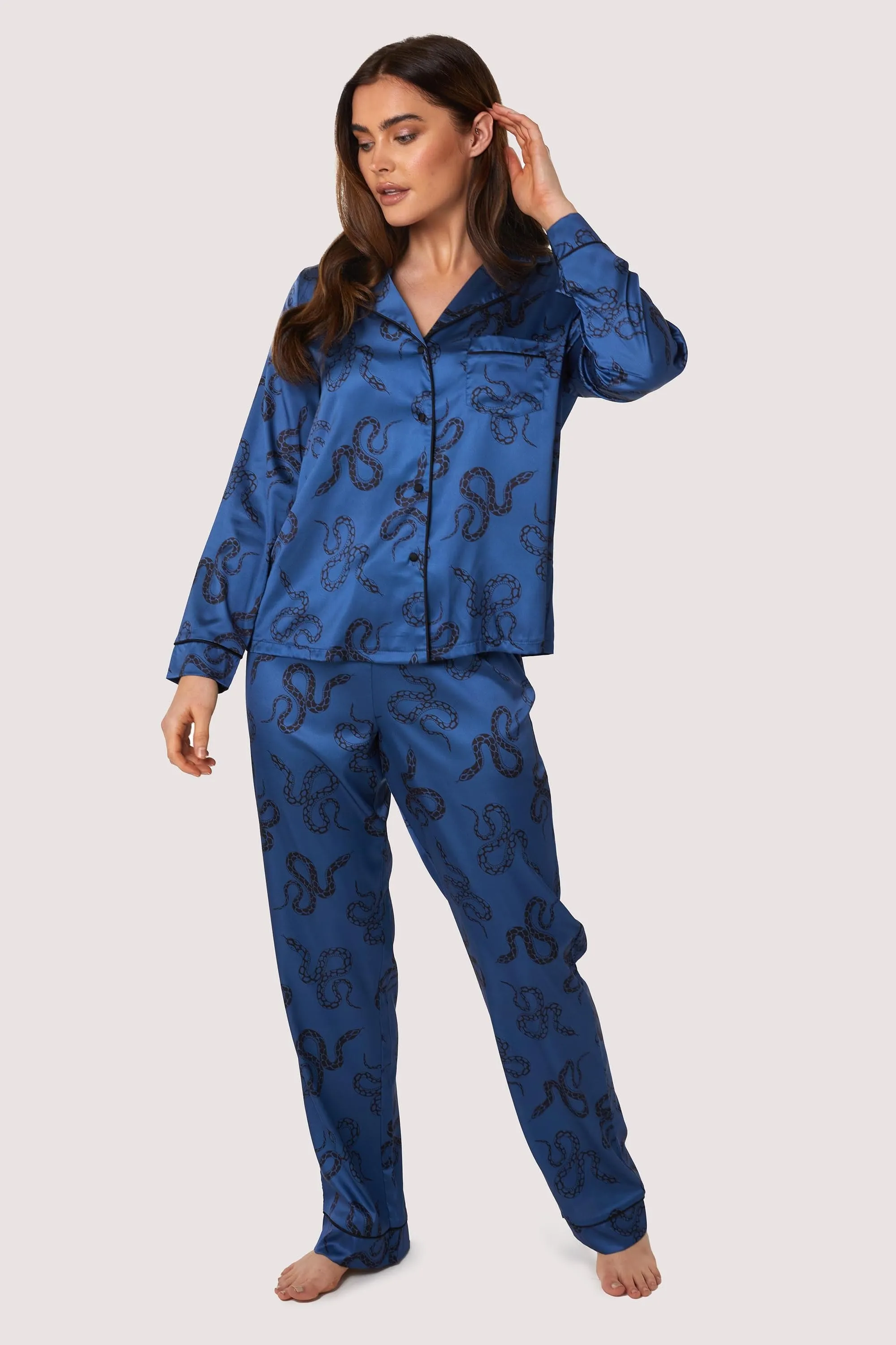 Blue Satin Snake Print Long Sleeve Pyjama Set