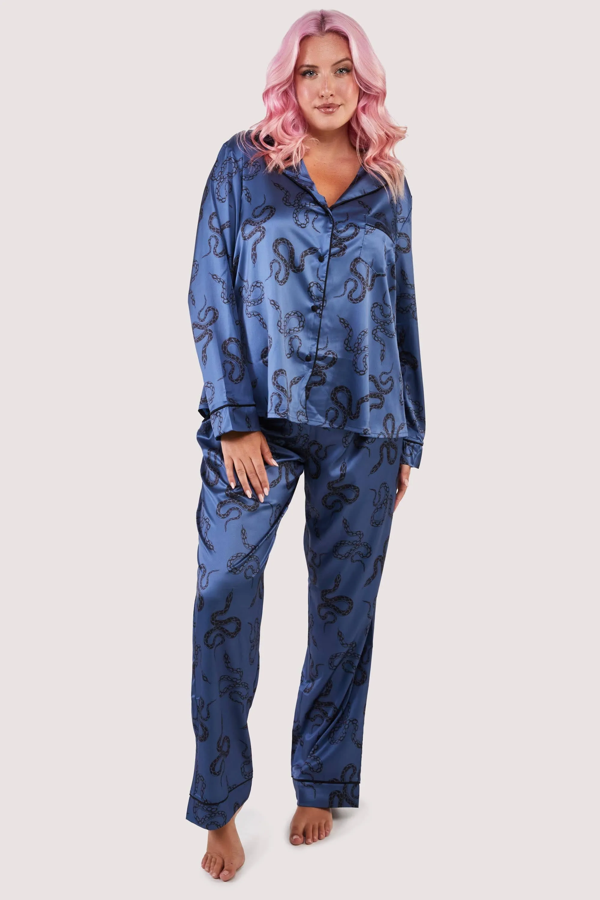 Blue Satin Snake Print Long Sleeve Pyjama Set