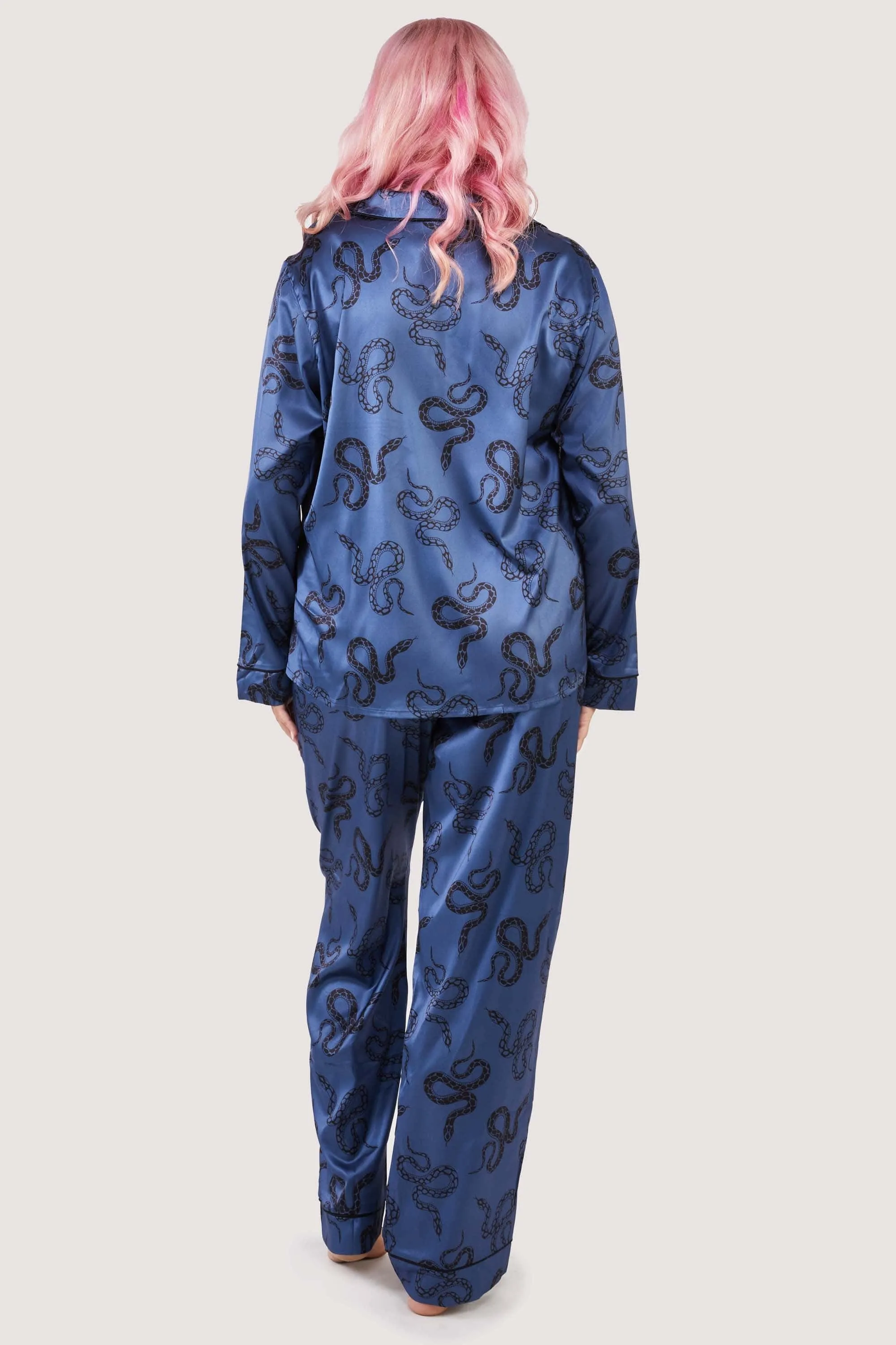 Blue Satin Snake Print Long Sleeve Pyjama Set