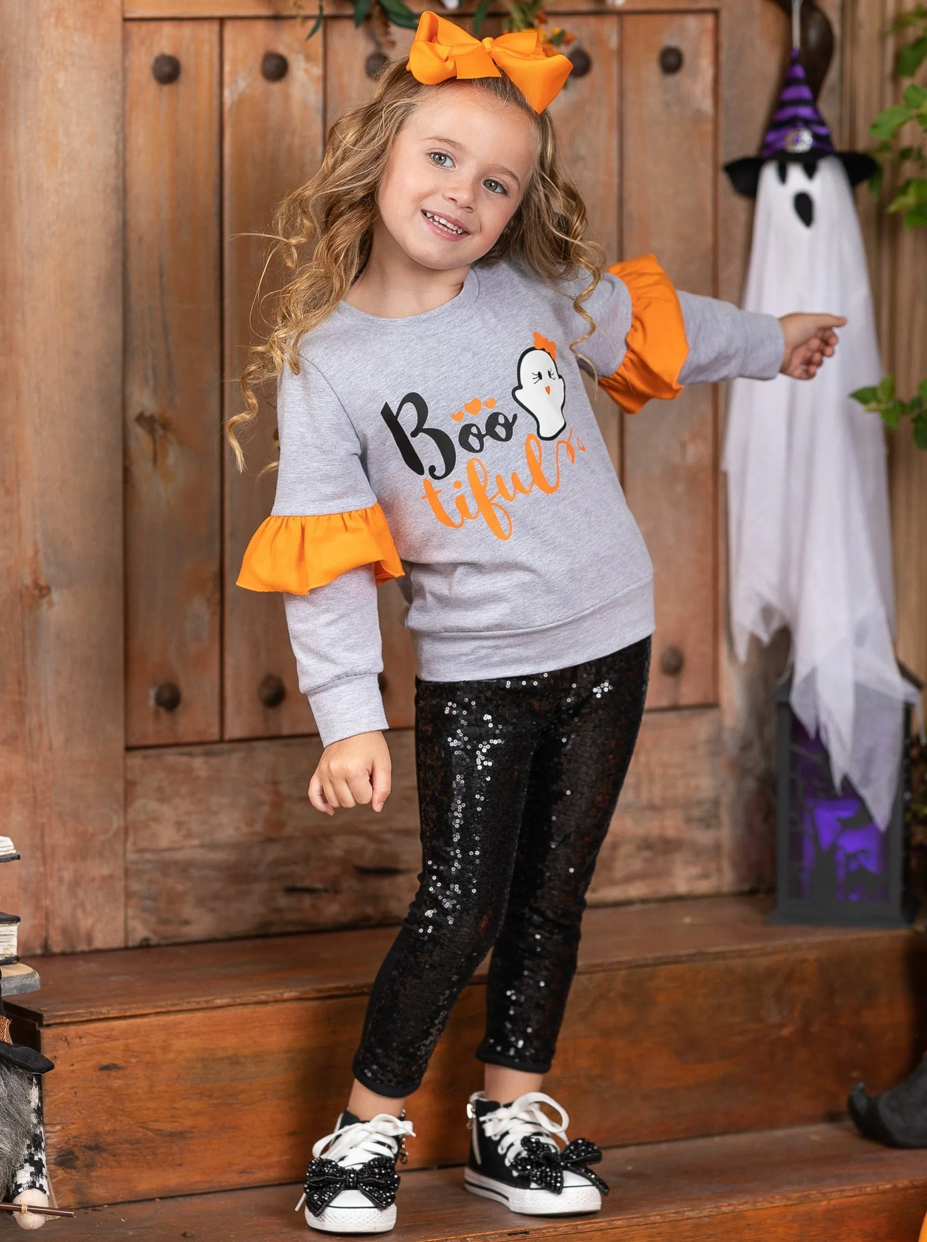 Boo-tiful Ruffle Sleeve Sweater and Sequin Legging Set