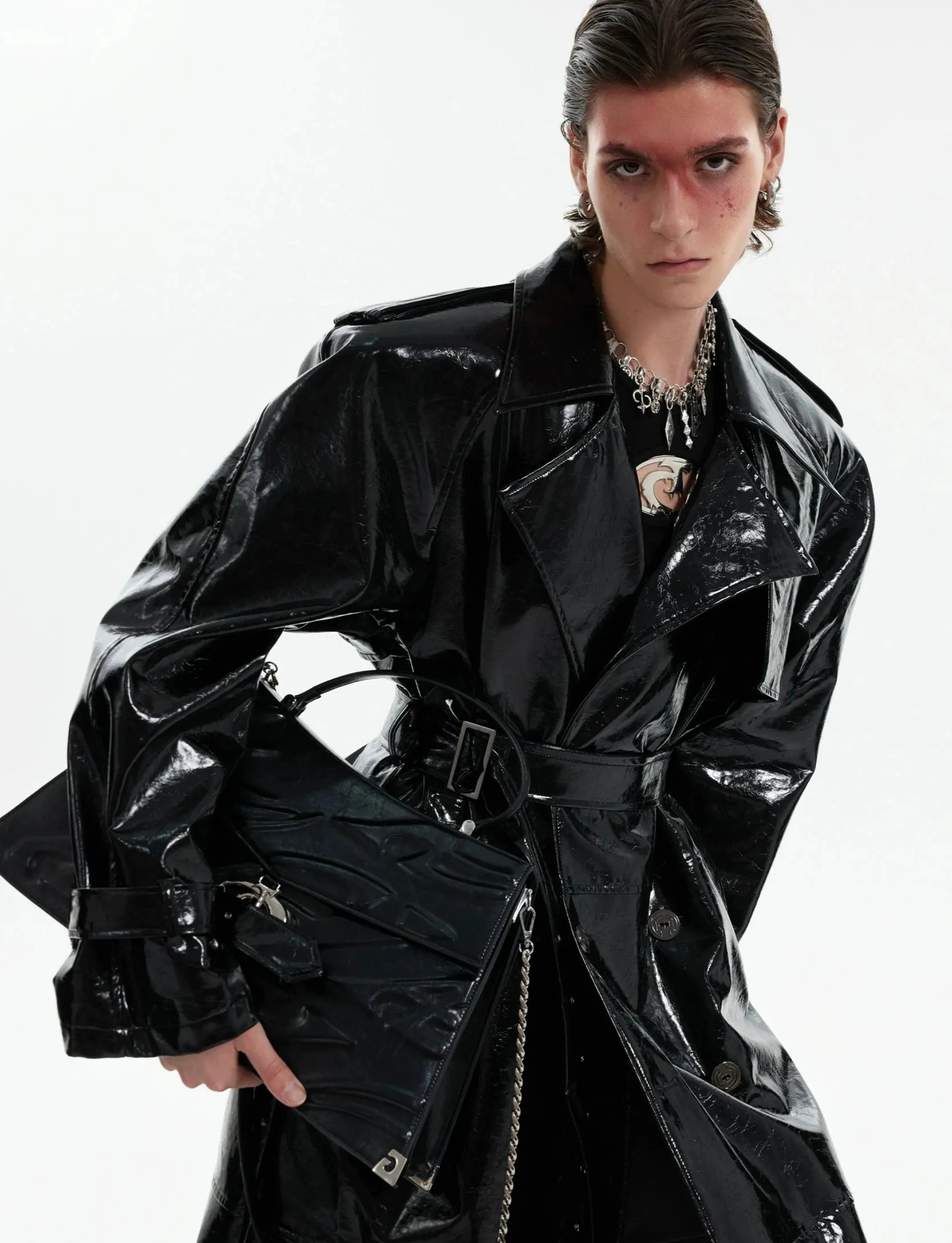 Boxy Vinyl Double Breasted Trench Coat with Belt