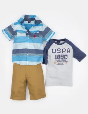 Boys 3 Piece Set - Woven Shirt, Tee & Shorts