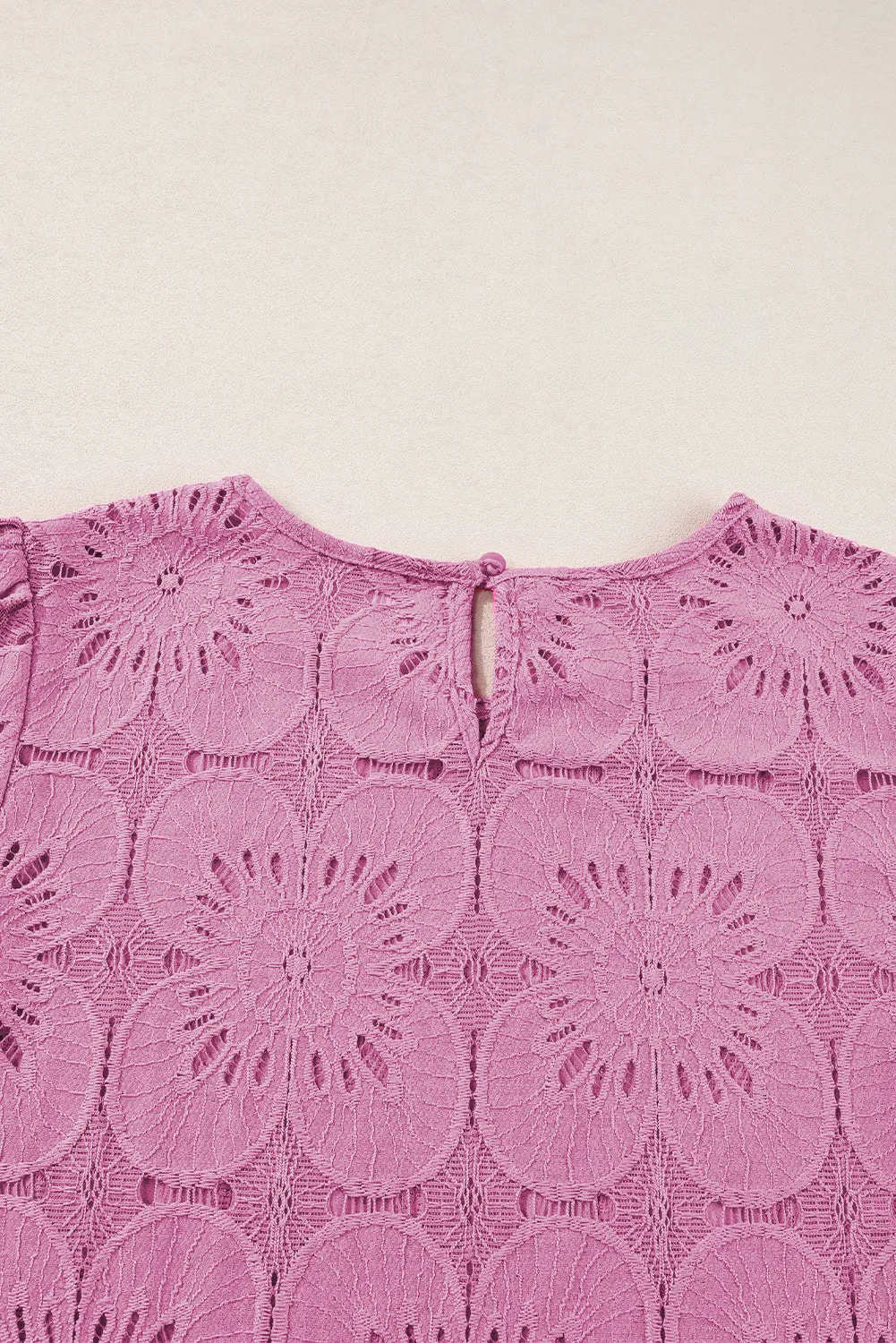 Bright Pink Flower Eyelet Jacquard Keyhole Flounce Sleeve Top