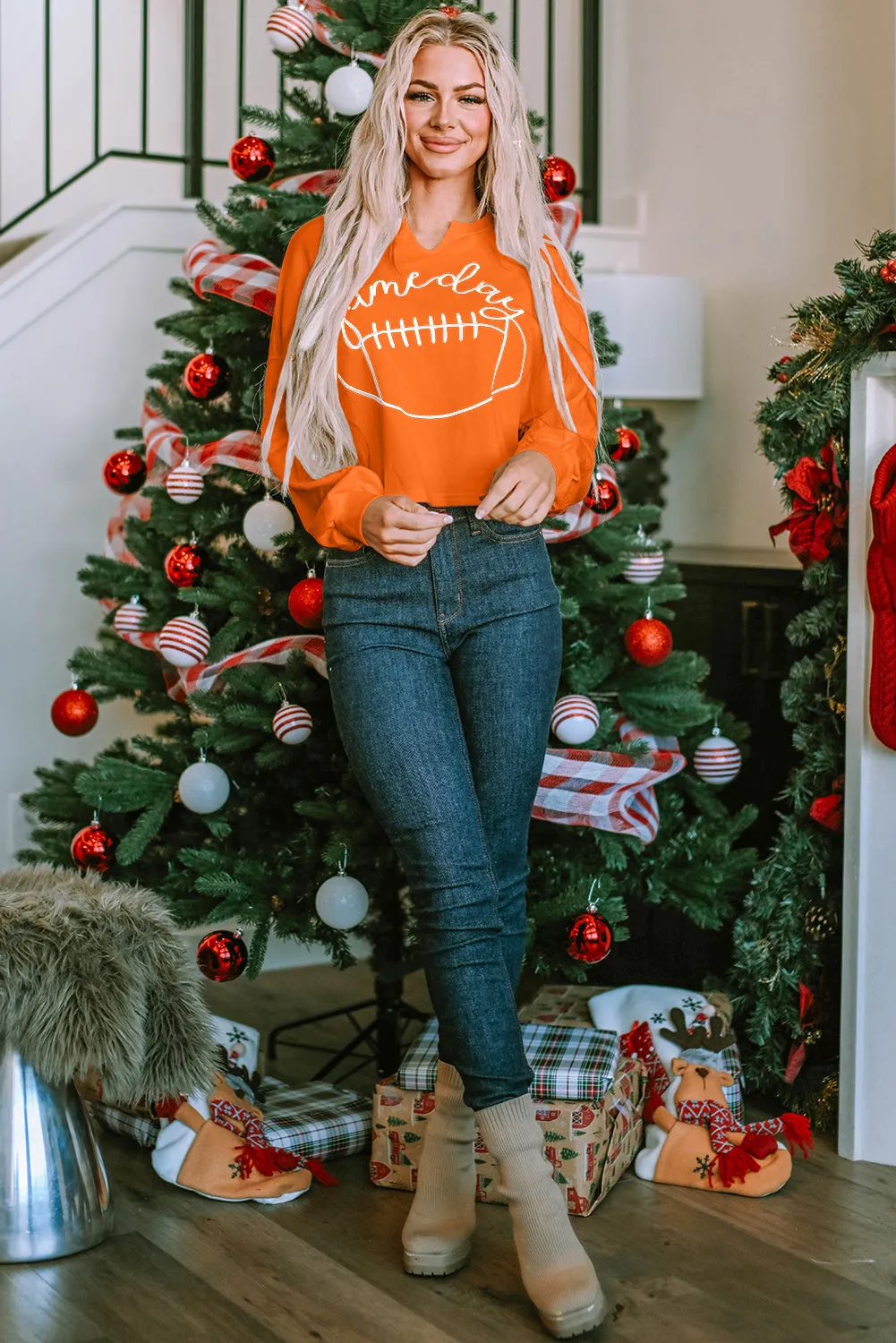 Bright White Game Day Lettering Rugby Notched Neck Sweatshirt