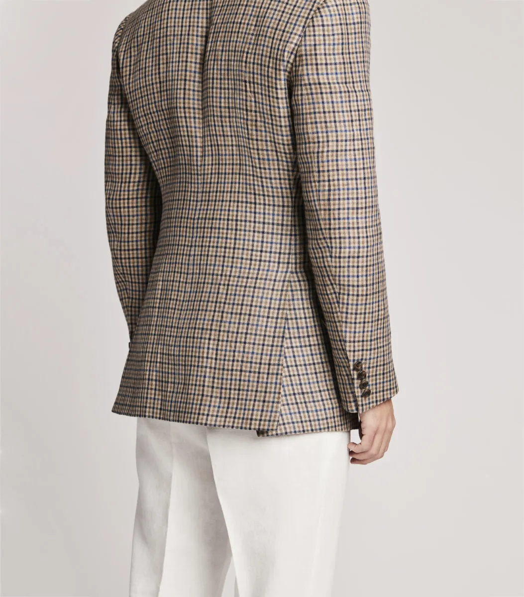 Brown Linen Single Breasted Check Jacket