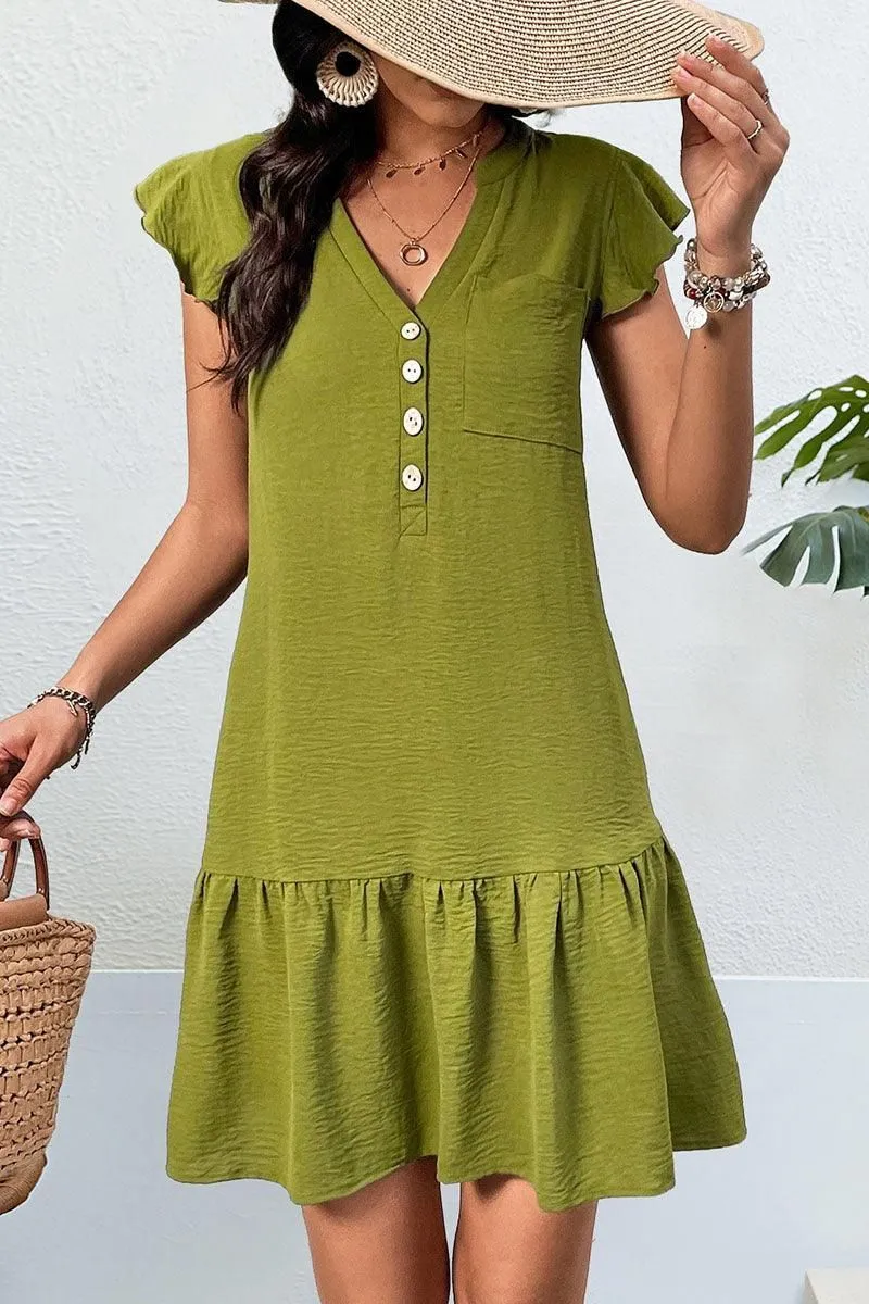 BUTTON DETAIL V NECK RUFFLED WOMEN DRESS