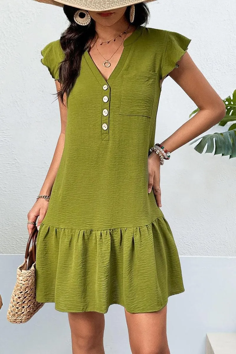 BUTTON DETAIL V NECK RUFFLED WOMEN DRESS