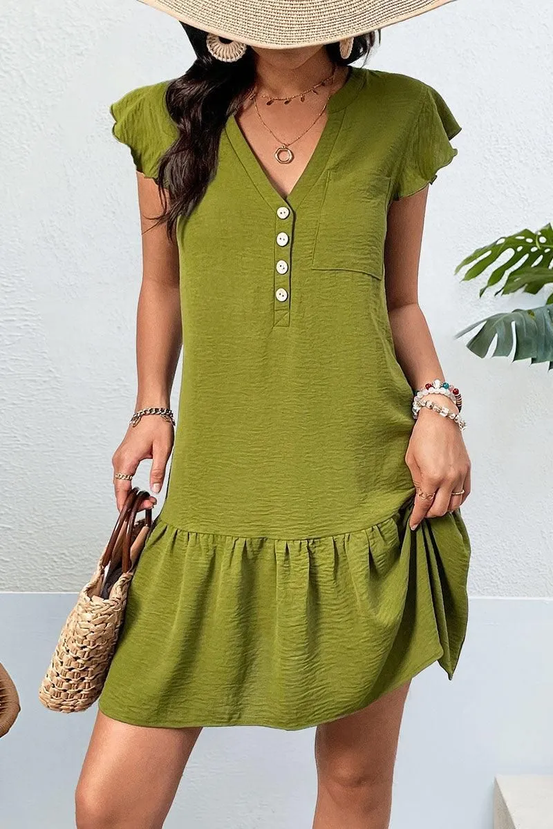 BUTTON DETAIL V NECK RUFFLED WOMEN DRESS