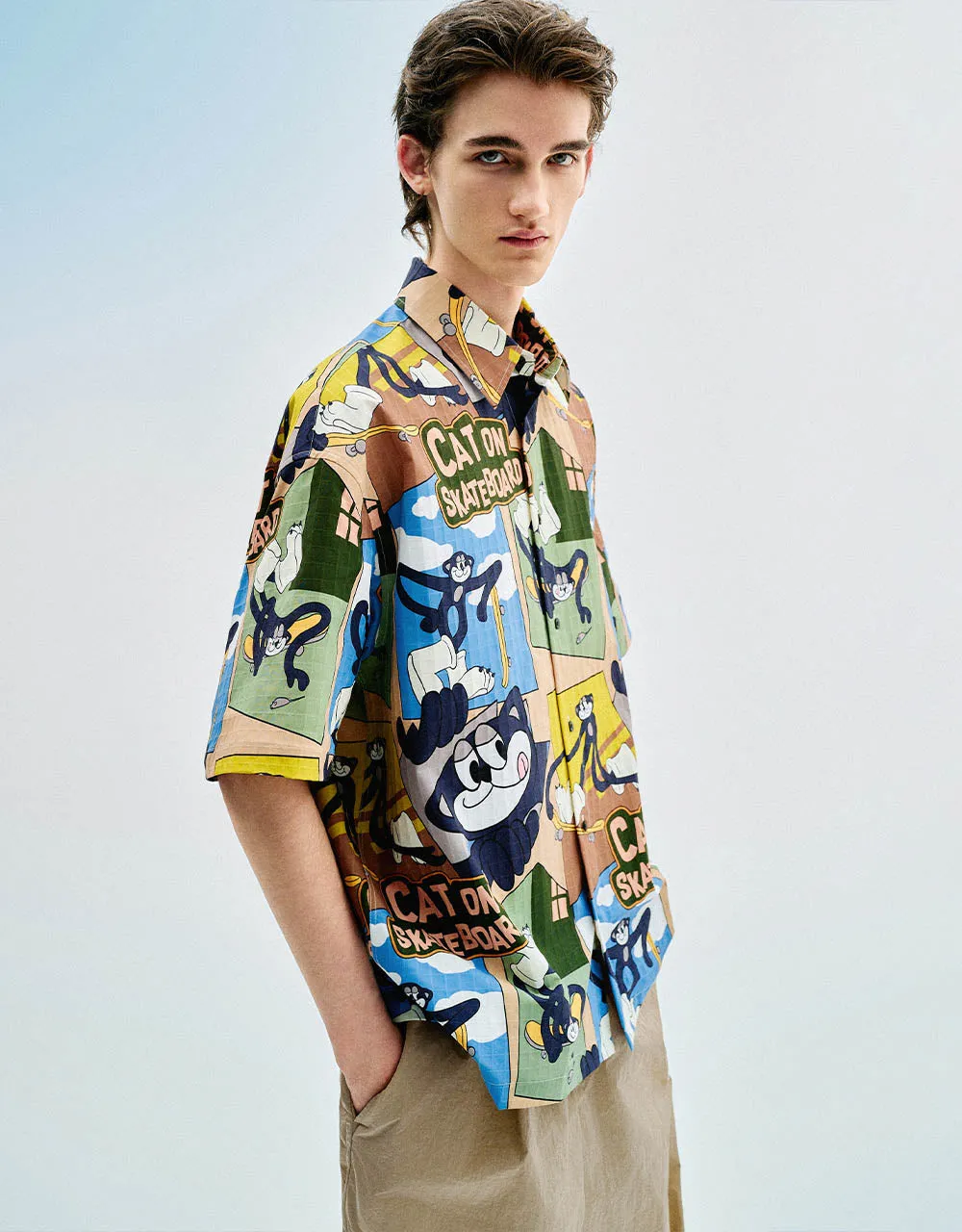 Button Up Cartoon Printed Loose Shirt