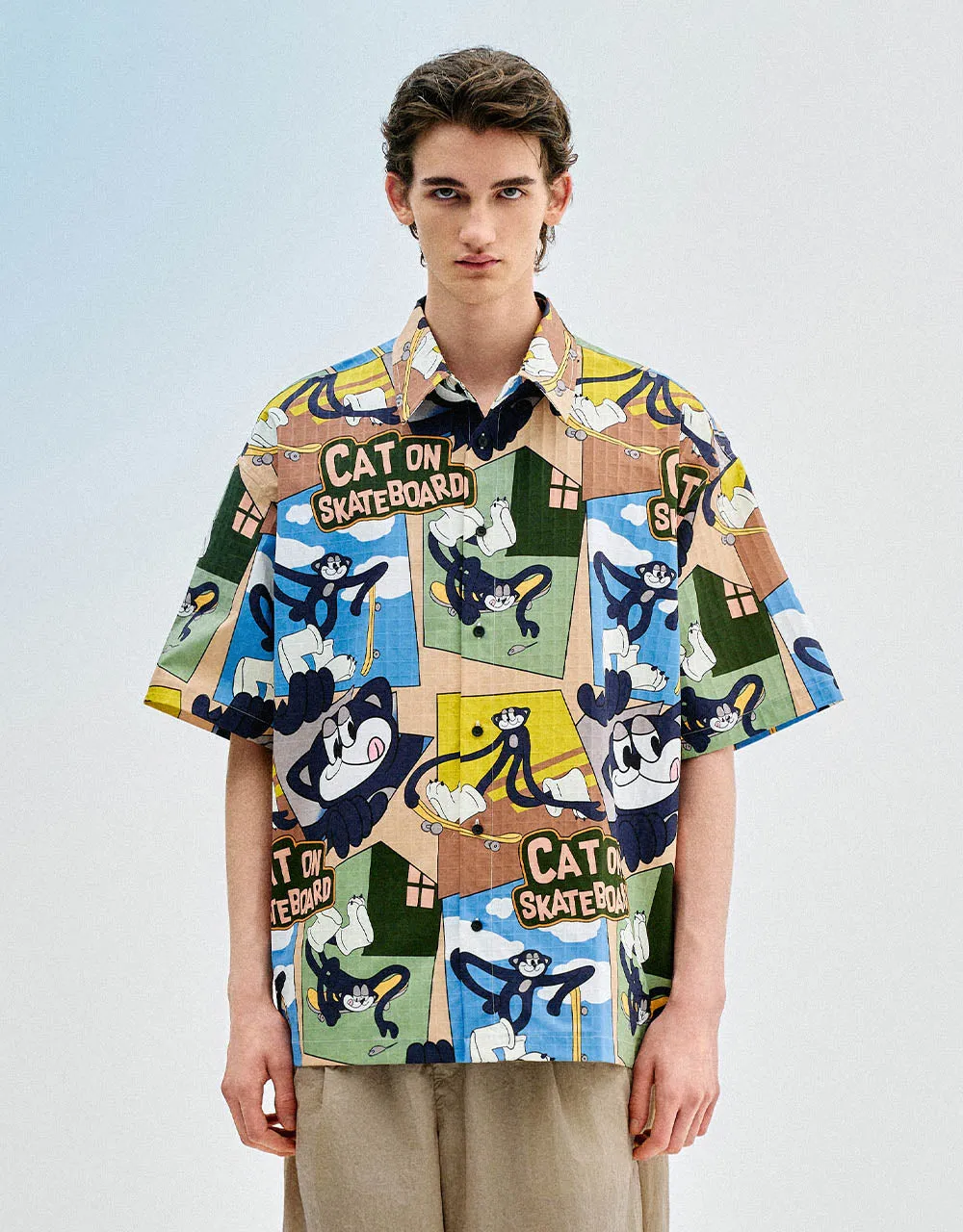 Button Up Cartoon Printed Loose Shirt