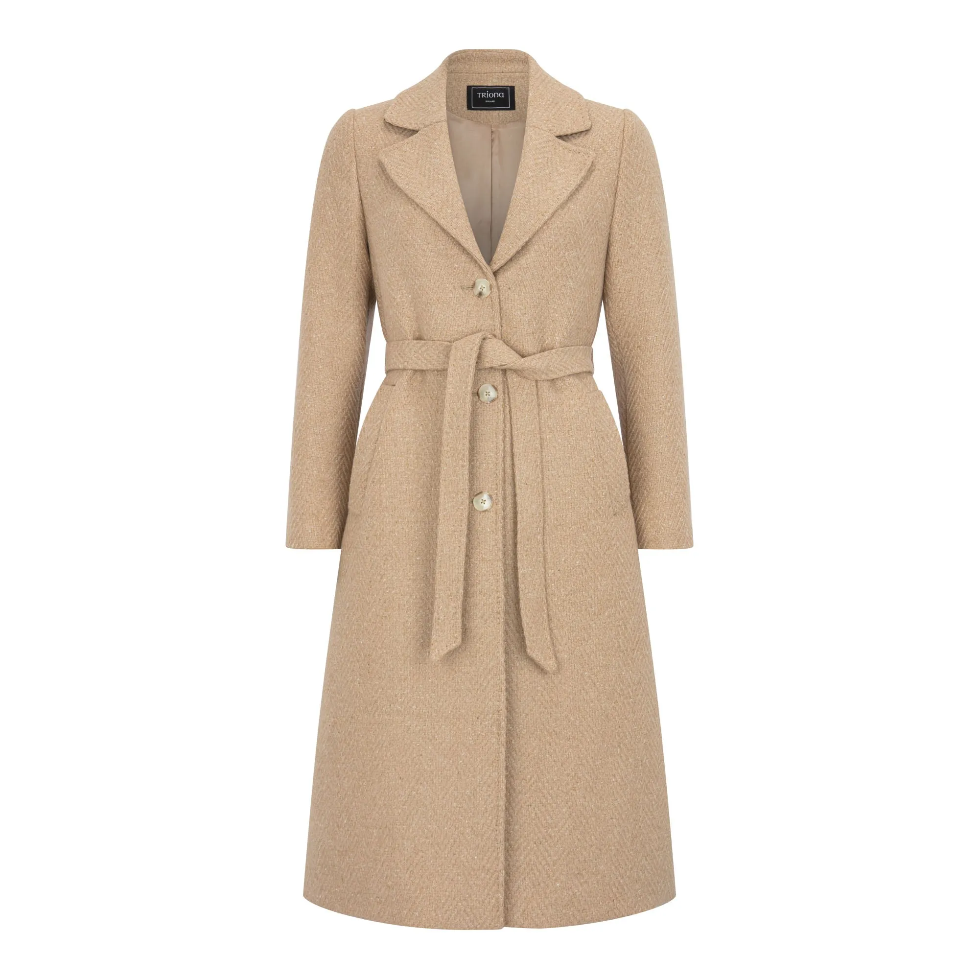 Camel Herringbone Erin Cashmere Blend Belted Coat