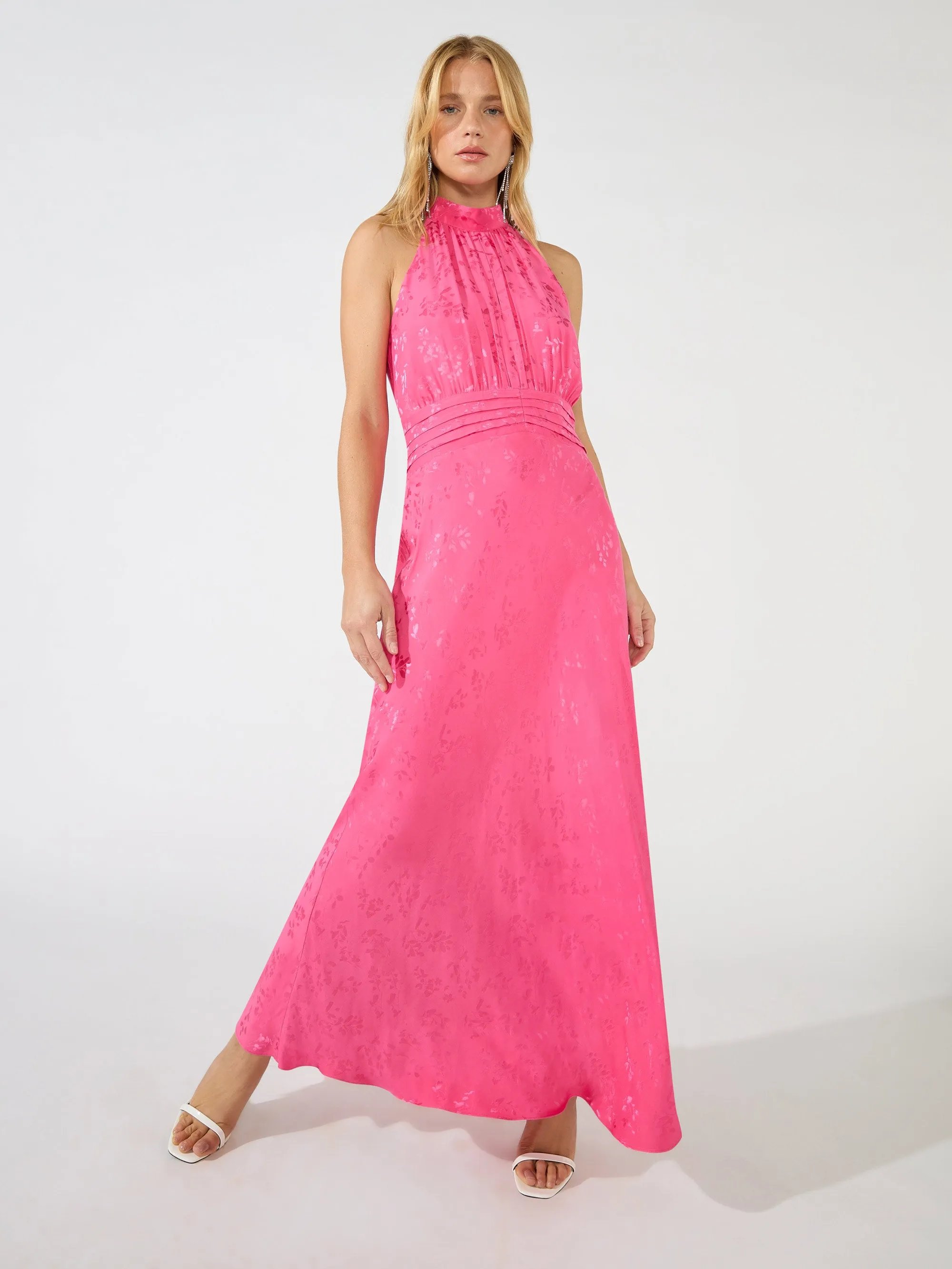 Camilla Pink Jacquard High Neck Keyhole Midi Dress