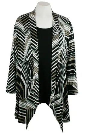 Caribe - Mocha, Grey, White Stripe, Trimmed, Long Sleeve Jacket - Duster