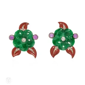 Cartier Art Deco jade, amethyst, diamond, and enamel flower earrings