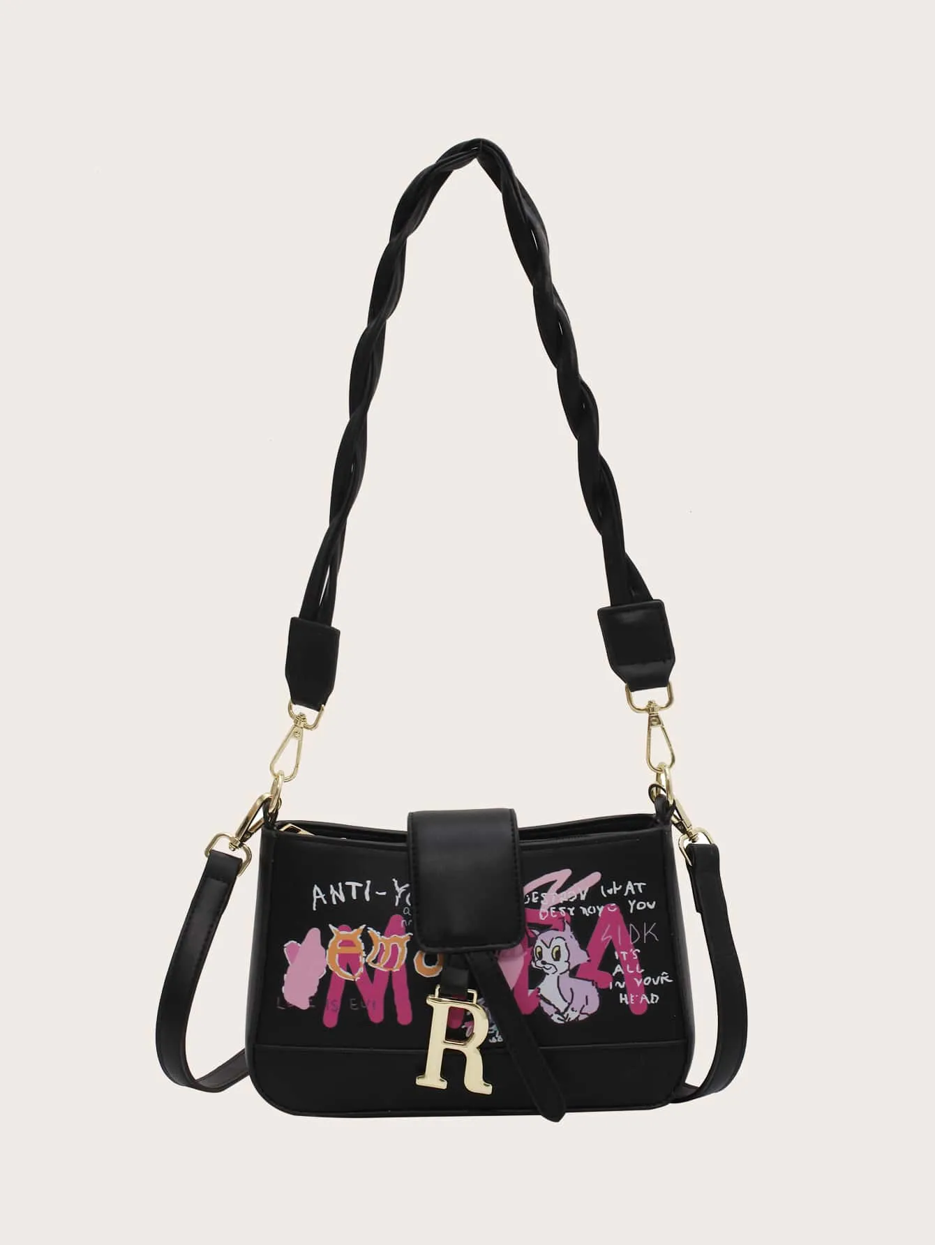 Cartoon & Letter Graphic Shoulder Bag