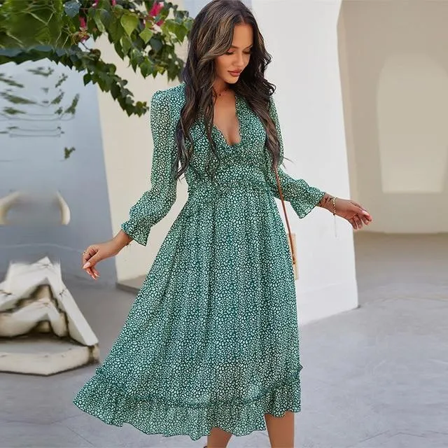 Casual Butterfly Sleeve High Waist Chiffon Dress