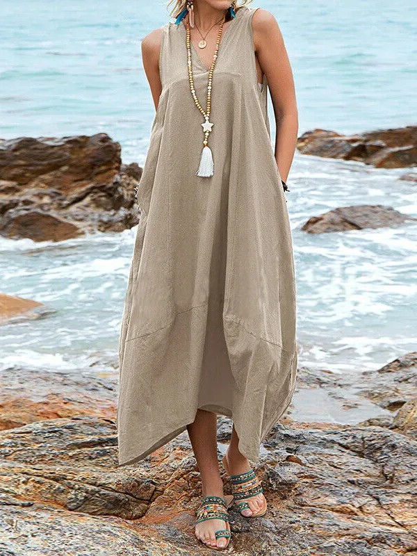 Casual Tie Back Sleeveless Linen Maxi Dress