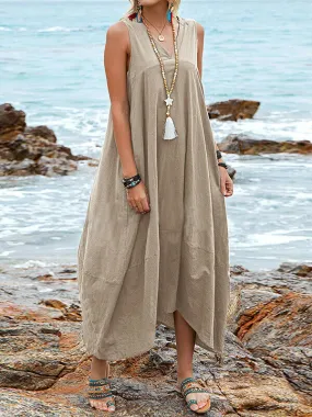 Casual Tie Back Sleeveless Linen Maxi Dress