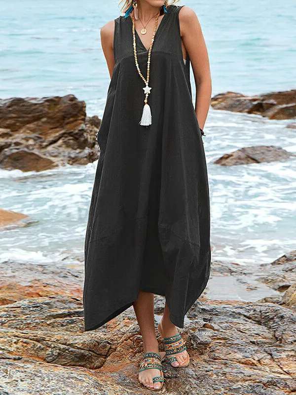 Casual Tie Back Sleeveless Linen Maxi Dress