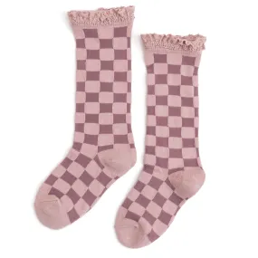 Checkered Lace Top Knee High Socks - Blush/Rose