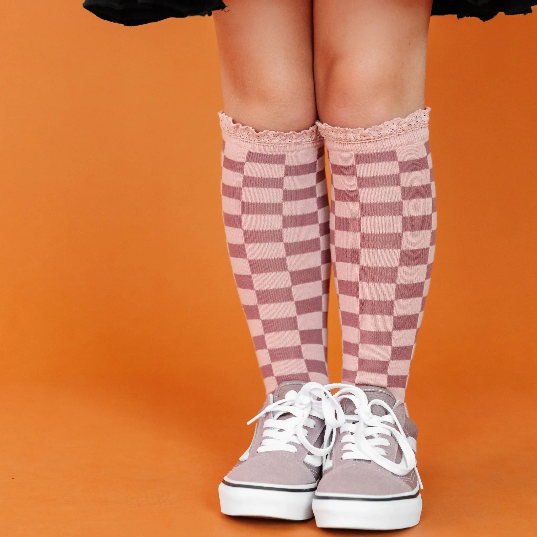 Checkered Lace Top Knee High Socks - Blush/Rose