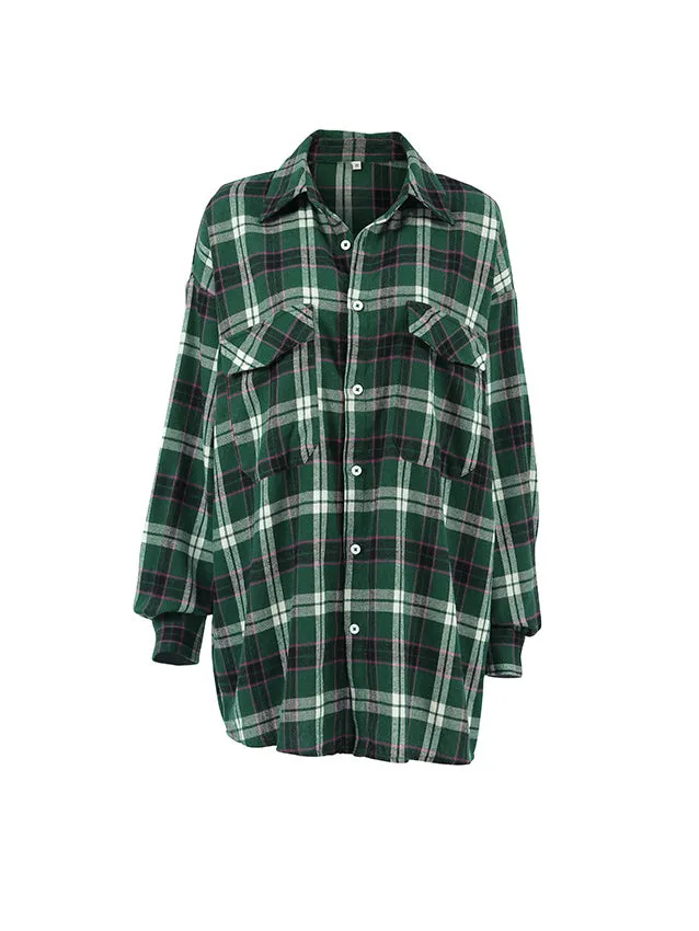 Color Block Plaid Long Sleeve Green Shirt