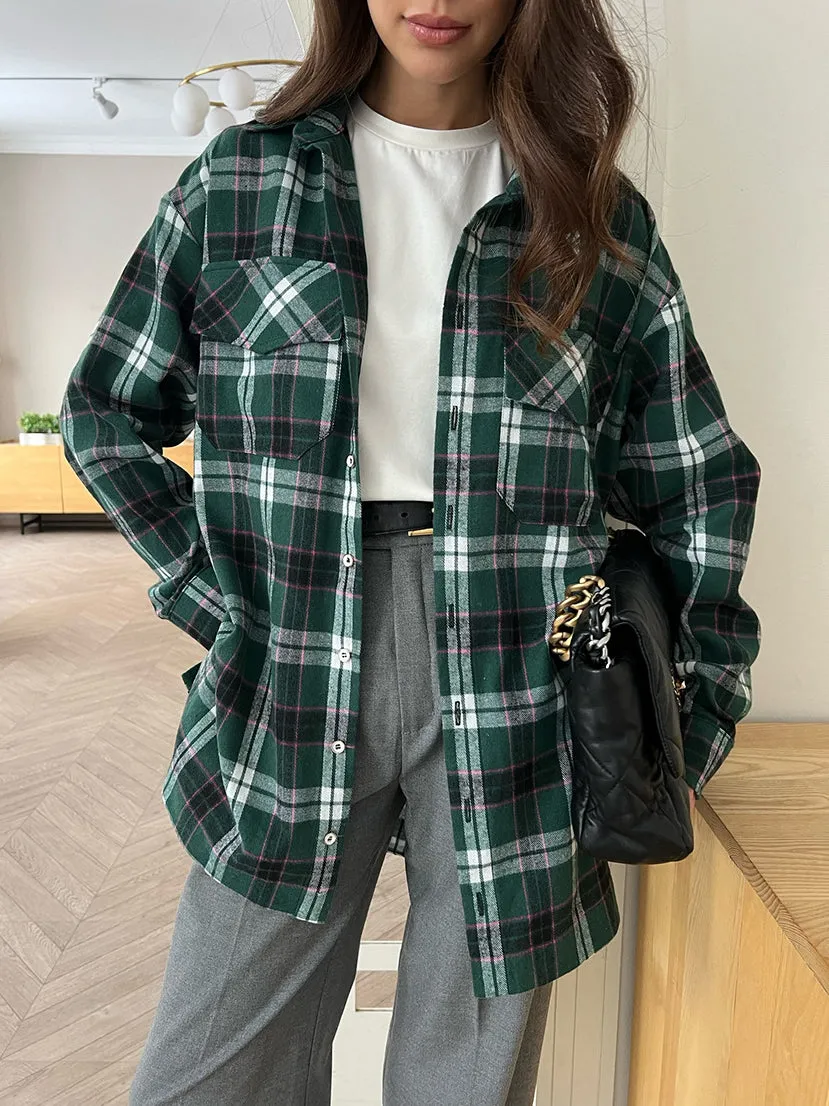 Color Block Plaid Long Sleeve Green Shirt