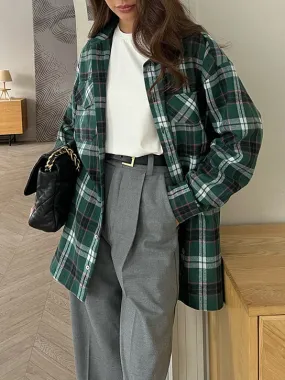 Color Block Plaid Long Sleeve Green Shirt