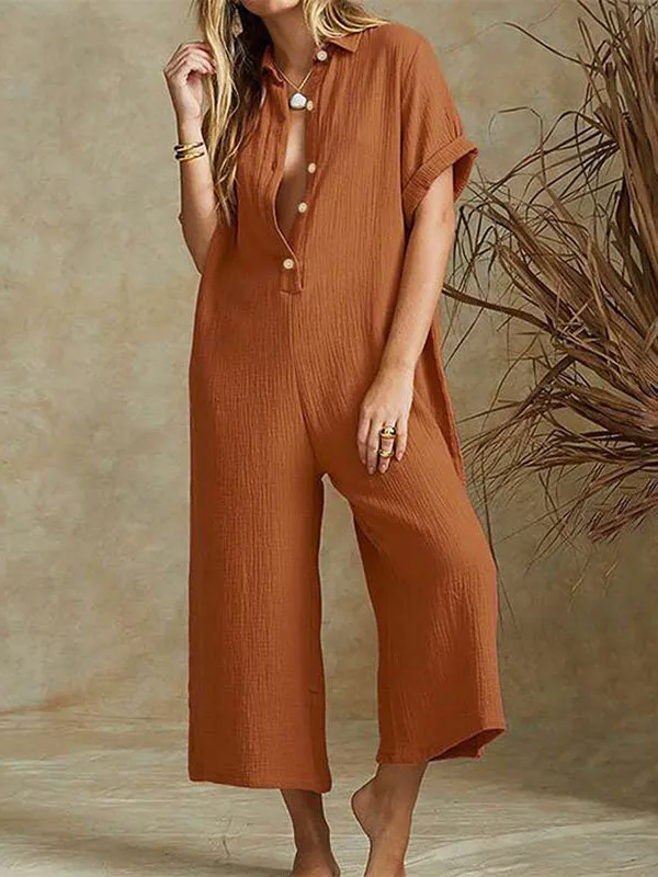 Cotton Solid Button-down Shirt Jumpsuits