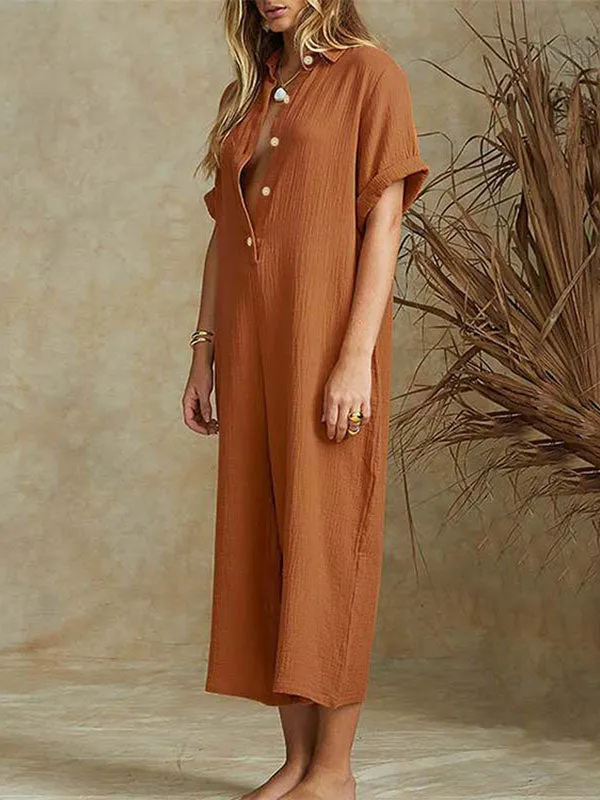 Cotton Solid Button-down Shirt Jumpsuits