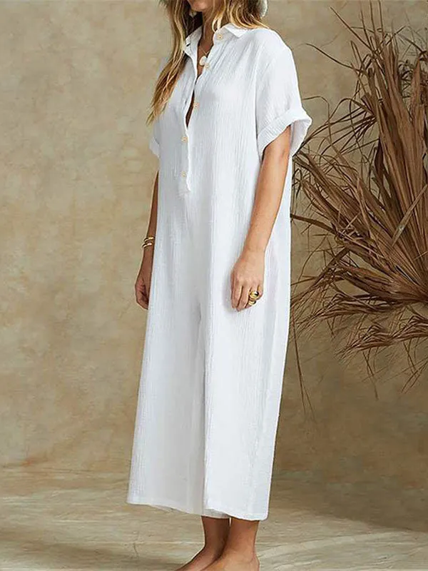 Cotton Solid Button-down Shirt Jumpsuits