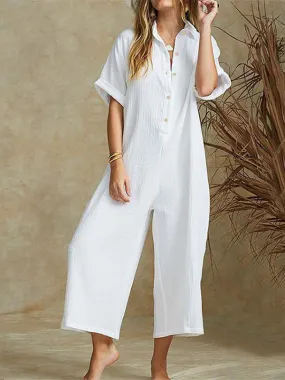 Cotton Solid Button-down Shirt Jumpsuits