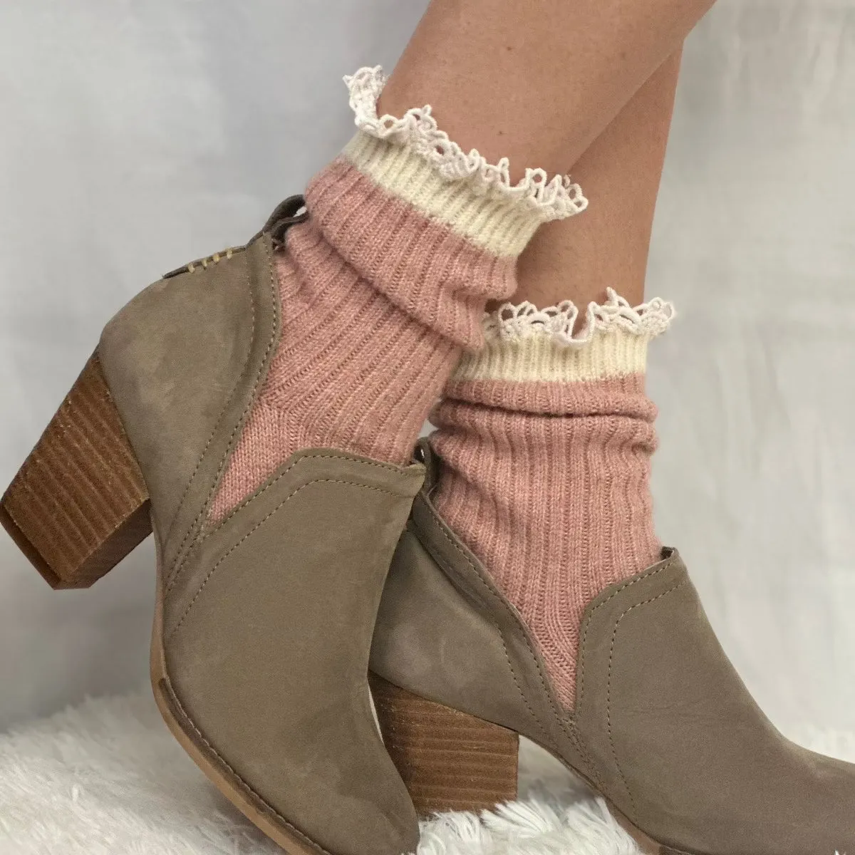 COZY lace boot socks - dusty rose