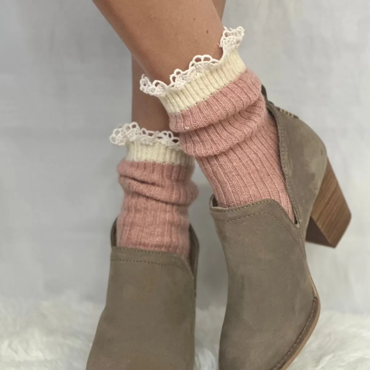 COZY lace boot socks - dusty rose