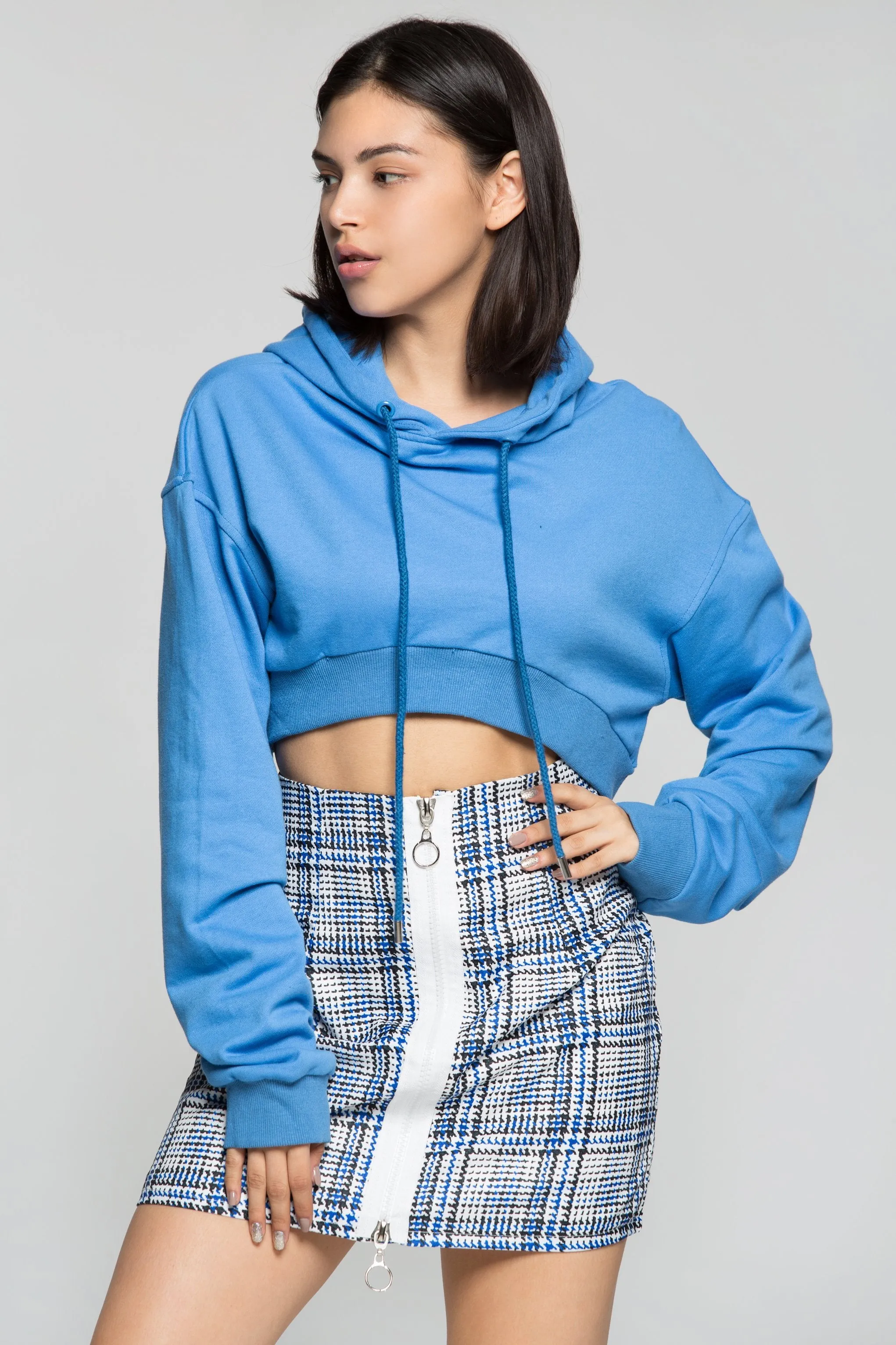 Crayola Blue Drawstring Hooded Crop Jacket with Blue and White Check Print Zip Up Skirt Set