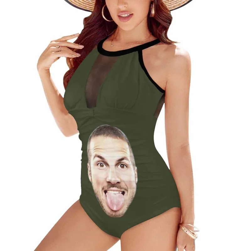 Custom Big Funny Face Women's One Piece Swimsuit High Neck Plunge Mesh Ruched Monokini Swimwear