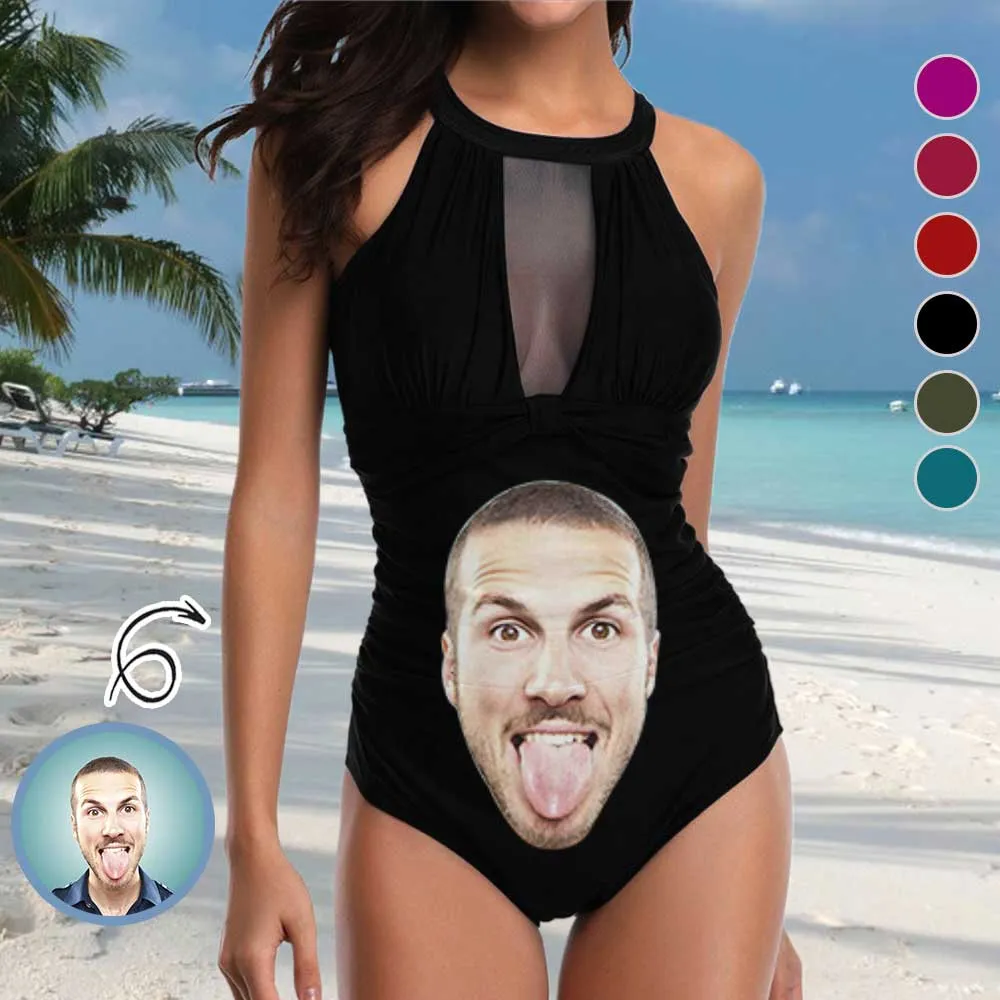 Custom Big Funny Face Women's One Piece Swimsuit High Neck Plunge Mesh Ruched Monokini Swimwear