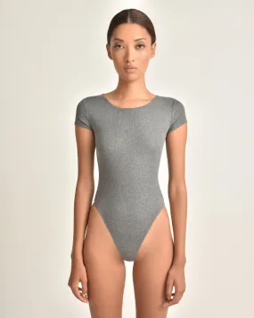 Dani Crewneck Ribbed Bodysuit in Heather Grey